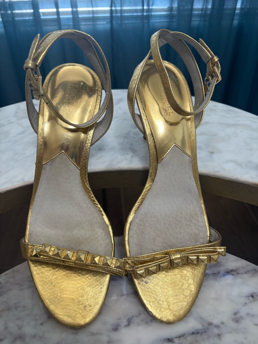 Michael Kors Gold Livvy Ankle Strap Heeled Sandals.